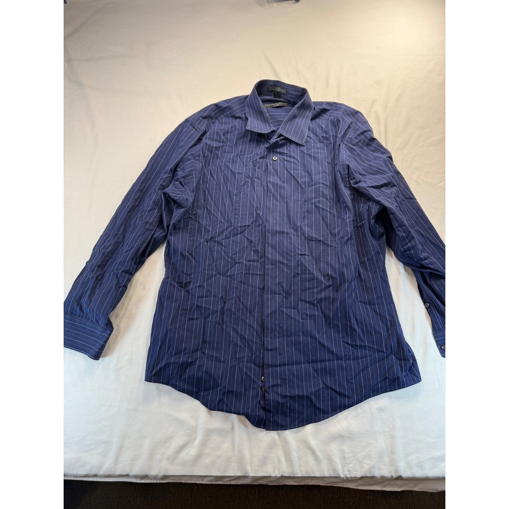 Geoffrey Beene Mens Dress Shirt Large 16.5 32/33 Navy Pinstripe Fitted Cotton